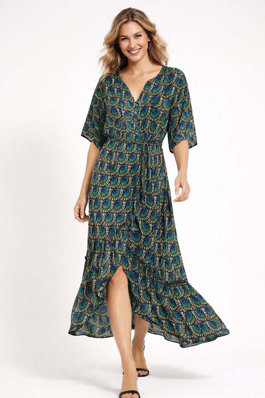 Silk & Salt Geometric Print Wrap Midi Dress Size XS Boho Flirty NWT